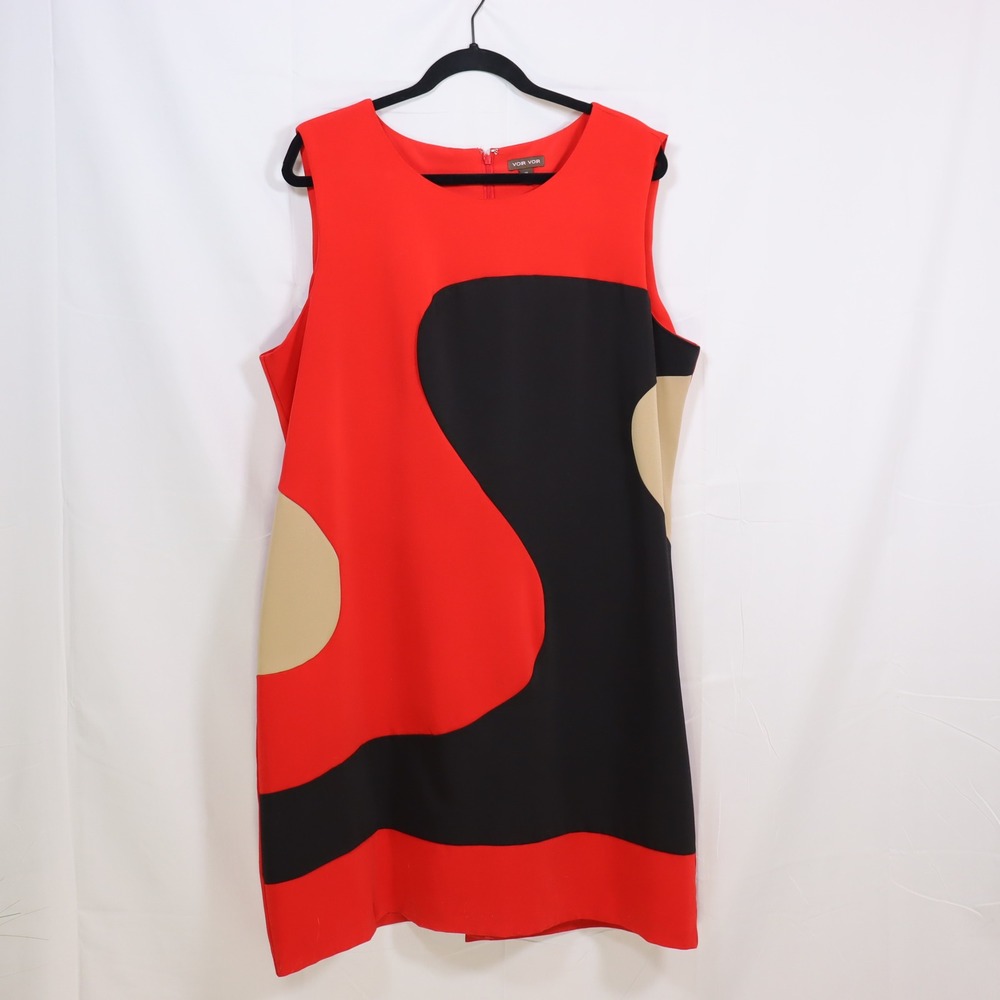 VOIR VOIR Womens 18 Abstract Colorblock Shift Dress Red Black Tan Mod Style